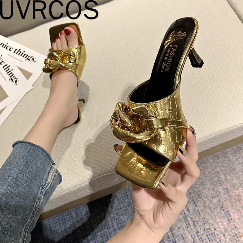 

Fashion Women Slippers Metal Chain Casual Shallow Slip On Mules Shoes Thin High Heels Gold Silver Black Summer Slides Slippers