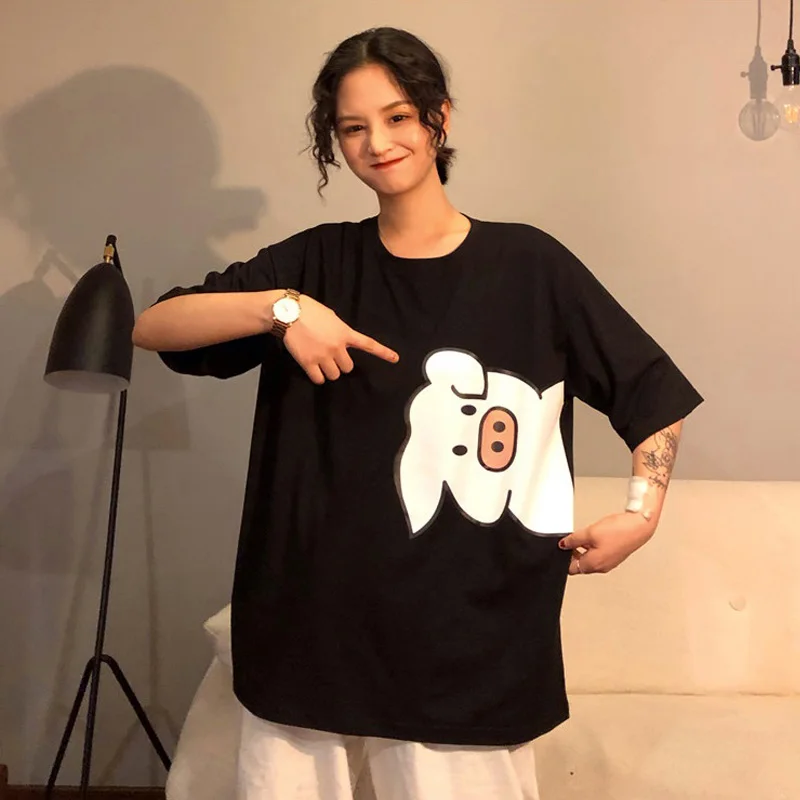 Harajuku Ulzzang, большие размеры, футболка, японский мультфильм, аниме, принт, футболки, лето, женская футболка с коротким рукавом, повседневные кавайные Топы - Цвет: Xian 452 hei