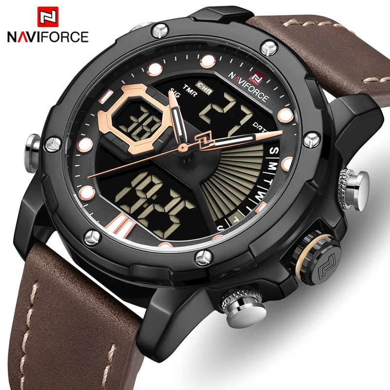 Мужские часы Топ люксовый бренд NAVIFORCE мода двойной дисплей Кварцевые Аналоговые