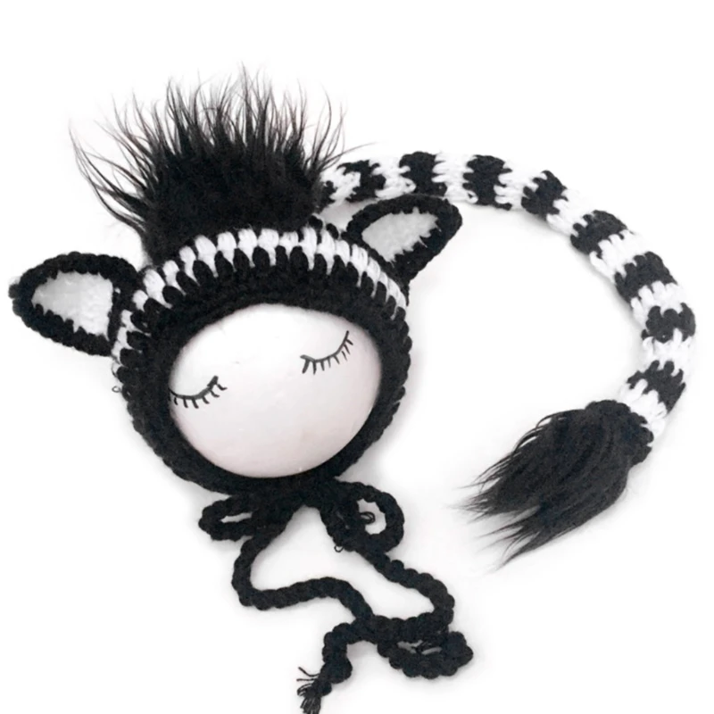 

2 Pcs Baby Zebra Design Hat Tail Set Newborn Photography Props Knitted Costumes Q6PD