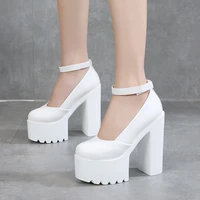 new women spring autumn casual square high heels sexy thick platform pumps black white female student ankle strap shoes g0071