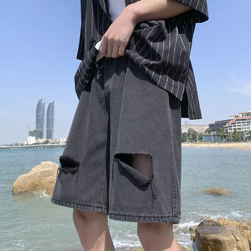

Summer Ripped Denim Shorts Men's Fashion Blue Black Casual Denim Shorts Men Streetwear Loose Hip-hop Hole Denim Shorts Mens