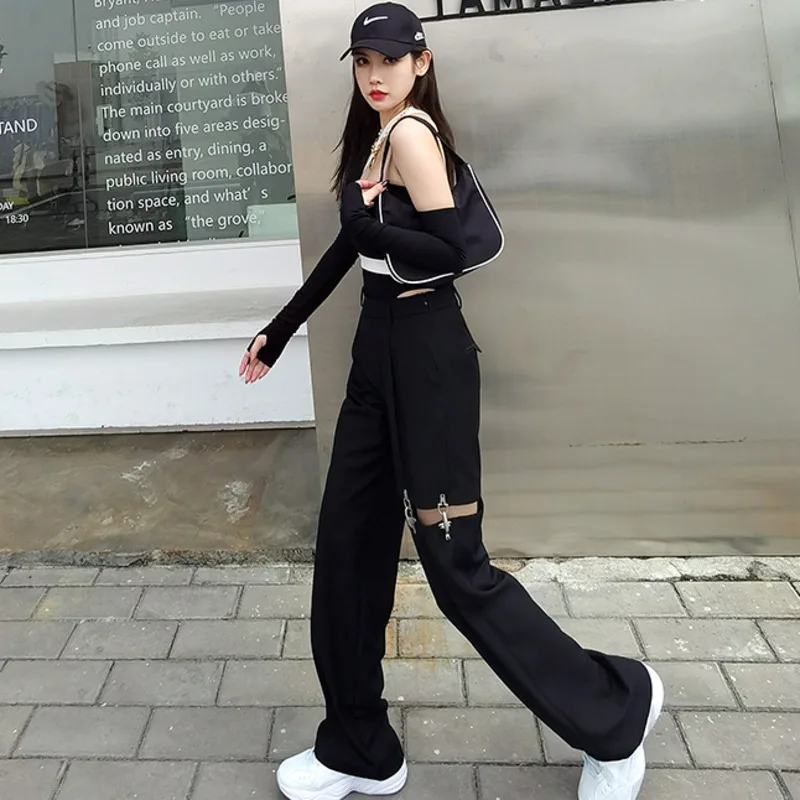 

[DEAT] High Elastic Waist Trousers New Loose Pants Women Black Hollow Out Drawstring Pockets Fashion Tide Summer 2021 7E7756