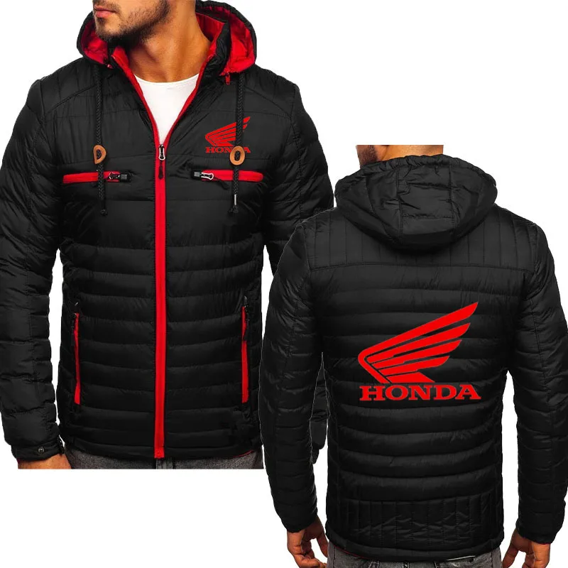 

2021 winter men's jacket New Honda car logo print Zipper color block men's hooded cotton jacket men's parka Thick warm jacket