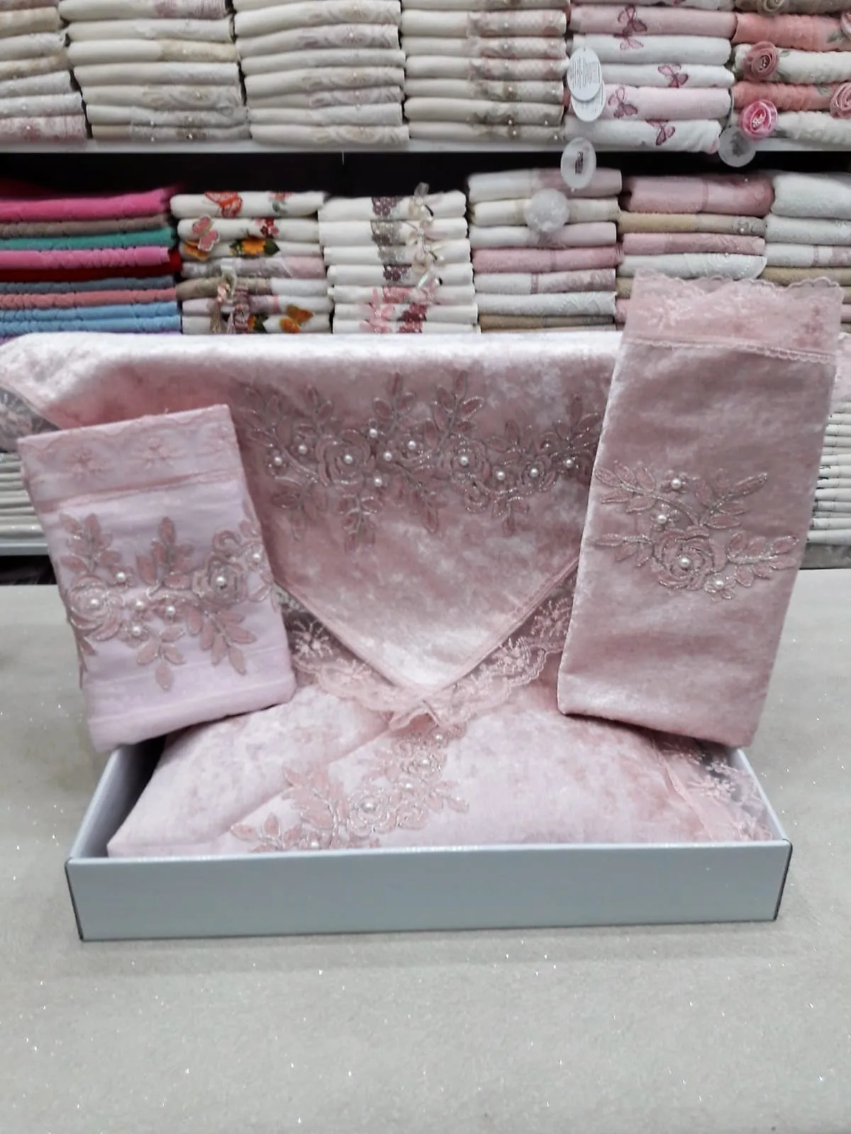 French Filet Lace Velvet Prayer Takımı Bundle Set Powder