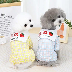 S-XXL Pet Clothing Strawberry Embroidery Big Reverse Collar Four-Leg
Scotland Grid Homewear Jumpsuits Dog Clothes