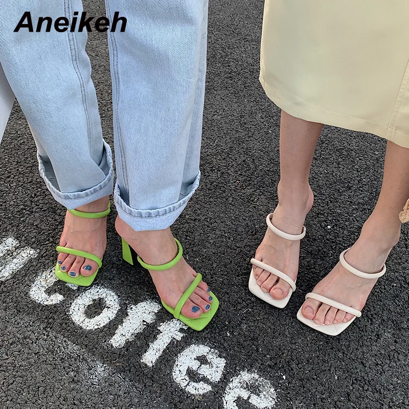 

Aneikeh Concise Narrow Band Shallow Square Open Toe High Heel Women Mules Fashion Solid Slip-On Lady Leisure Slippers Summer New
