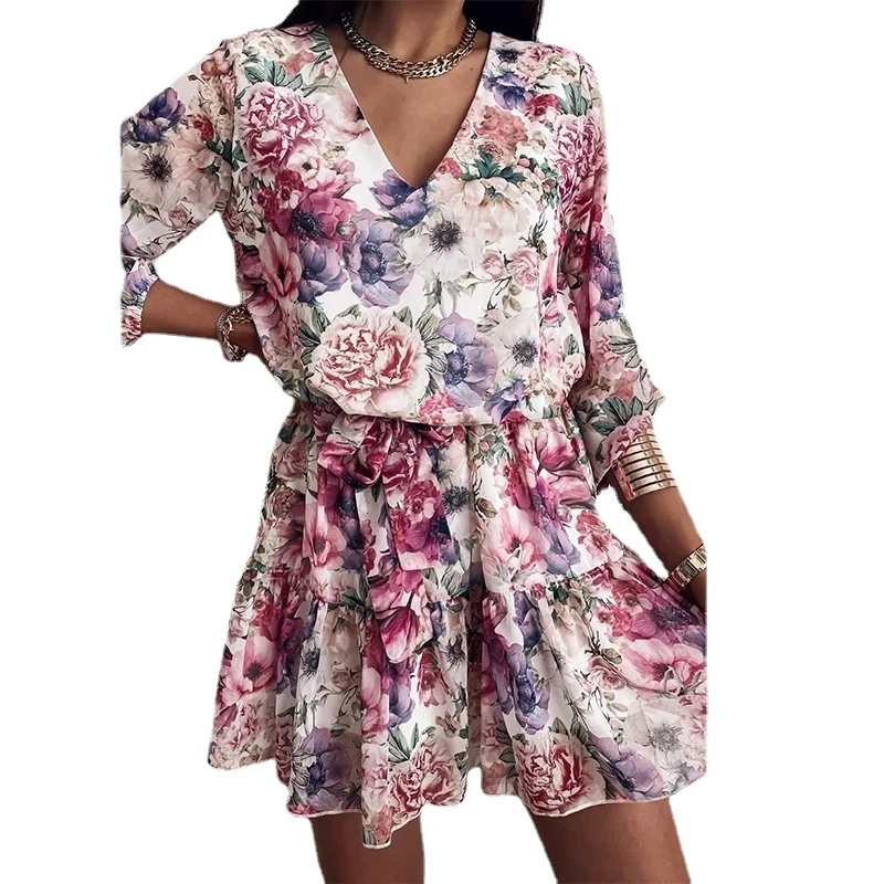 

Flower Print Dress Autumn Women's V Neck Casual Long Sleeve Short A Line Dress Female Bohemian Leisure Slim Party Vestidos