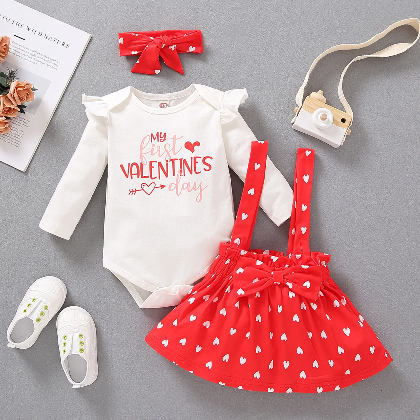 

Newborn Baby Clothes Set Infant Girls Valentine's Day Romper Bodysuit+Hearts Suspender Skirt Outfits Clothing комплек одежд