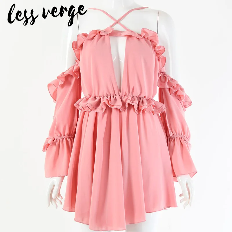Lessverge элегантное шифоновое платье с рюшами розового цвета для женщин открытой