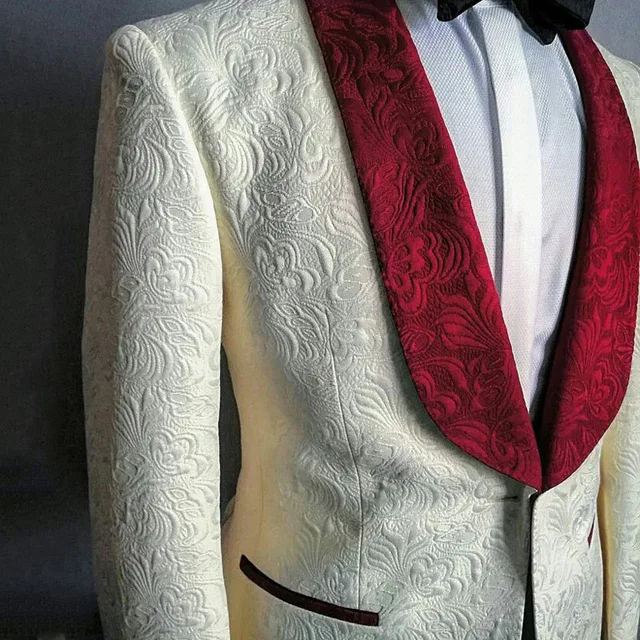 

Real Photo Costume Homme Mariage Print Ivory Pattern Wedding Suits for Groom Tuxedos Jacquard Groosmen Blazer Masculino 2 Pcs