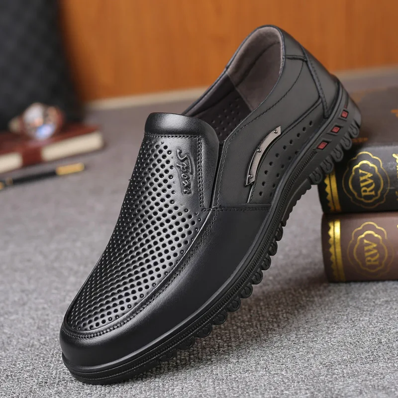 

man's hollow out men's shoes summer breathable men's foot covering casual leather shoes cowhide business dad perforated shoes