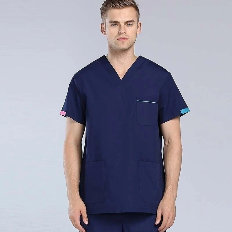 dark blue top Мужская Спецодежда, цветной дизайн, v-образный вырез, короткий рукав, топ из чистого хлопка, медицинская униформа, летняя рабочая одежда для доктора(только топ - Цвет: dark blue top