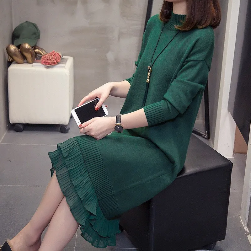 2019 осеннее женское базовое трикотажное платье миди воротник-стойка длинный