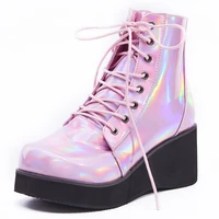 jialuowei new style unisexs shoes punk wedge heel 7cm pink holographic leather halloween costumes gothic ankle boots