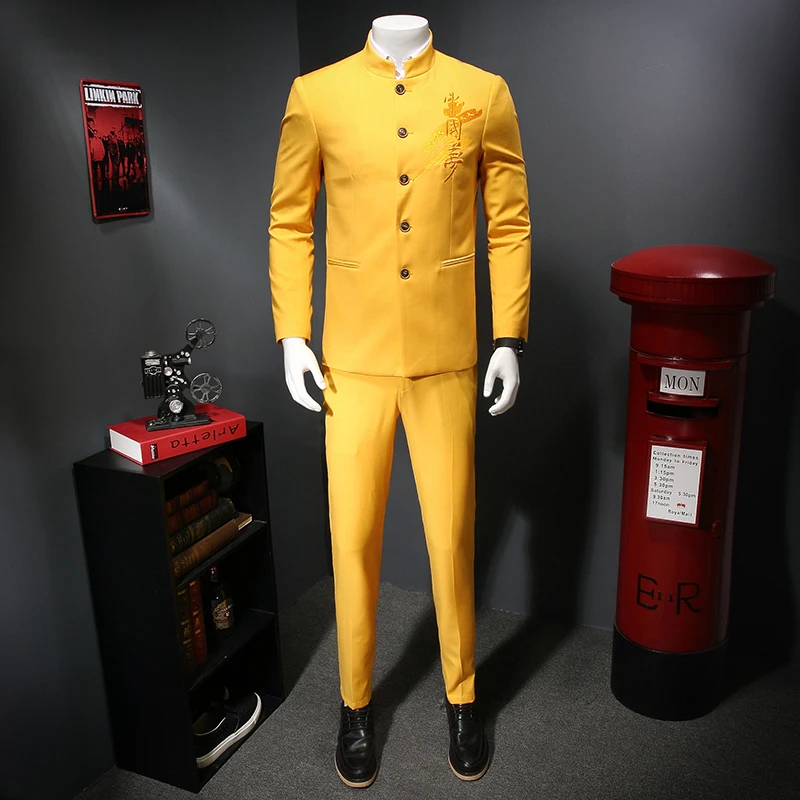 Китайский Стиль цвет желтый синий размеры 34–43 Блейзер Для мужчин Slim Fit вечерние