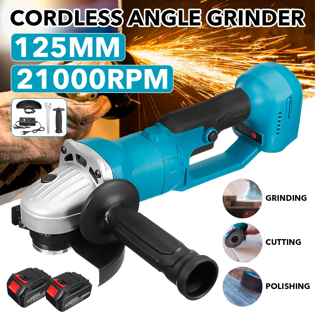

18V 125mm Brushless Cordless Impact Angle Grinder with 2 Battery DIY Power Tool Cutting Machine Polisher For Makita 18V Battery
