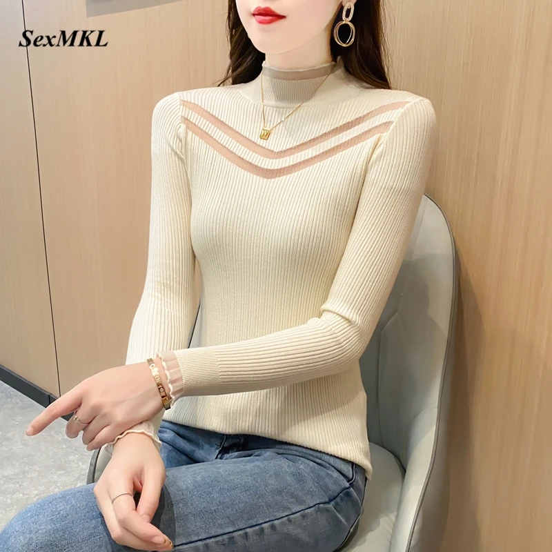 

Women Elegant Winter Pullovers Fashion Long Sleve Casual White Black Sweaters Turtleneck Korean Clothes Slim Knitted Ladies Tops