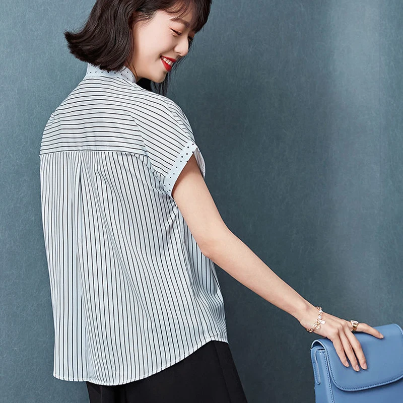 

2021 New Summer Women Blouses Casual Student Patchwork Dot Striped Chiffon Shirts Fashion Elegant Office Lady Tops Clothing