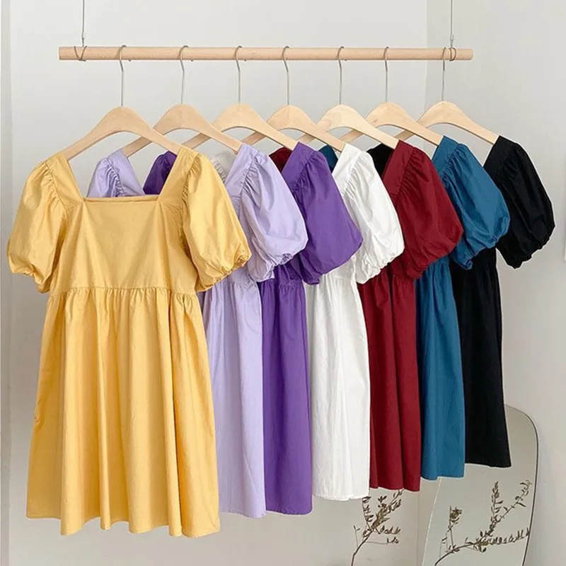 

Women Summer Cute Dress Boho Beach Style Cotton Linen Dress Square Collar Puff Sleeves Dress Party vestidos -