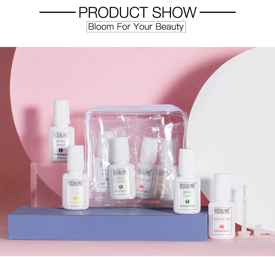 

ROSALIND Dipping Nail Powder System Kit Liquid Base Top Coat Activator Clear Nail Art Natural Dry Without Lamp Cure