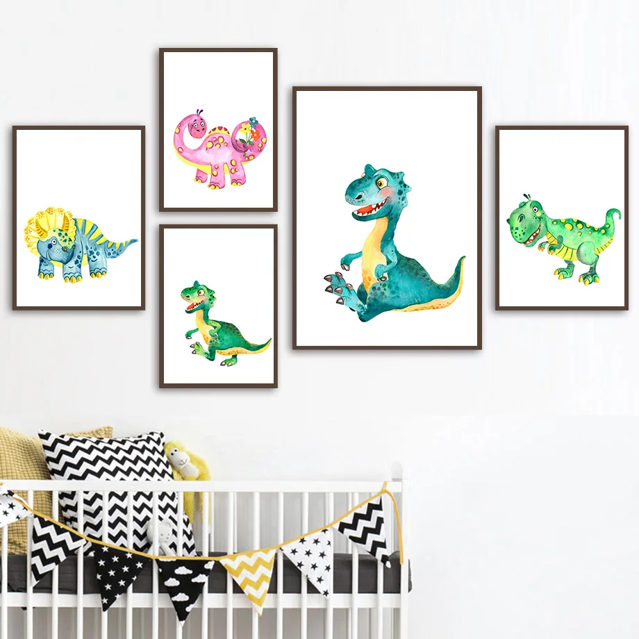 

Мультяшный динозавр Трицератопс, цветок, Картина на холсте, искусство, скандинавские плакаты и принты, настенные картины для гостиной, Деко...