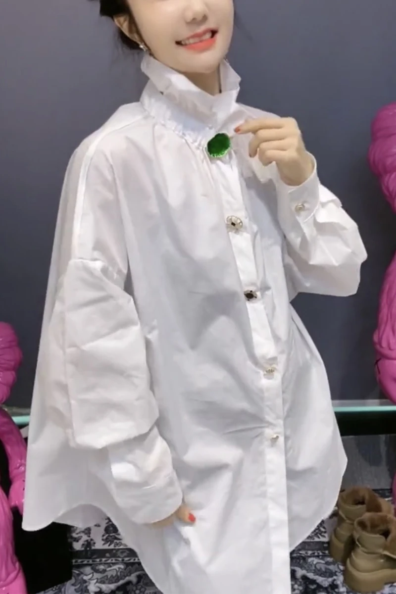 

Turtleneck Pleated White Full Shirts Women's 2021 New Spring Loose Long Irregular Tops