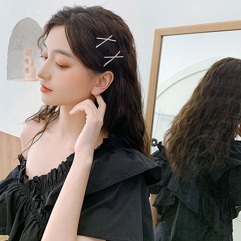 

2pcs New Cross Crystal Hairpins Rhinestones X Hair Clips Barrettes Simple Side Clip Bridal Headwear Girl Korea Hair Accessor
