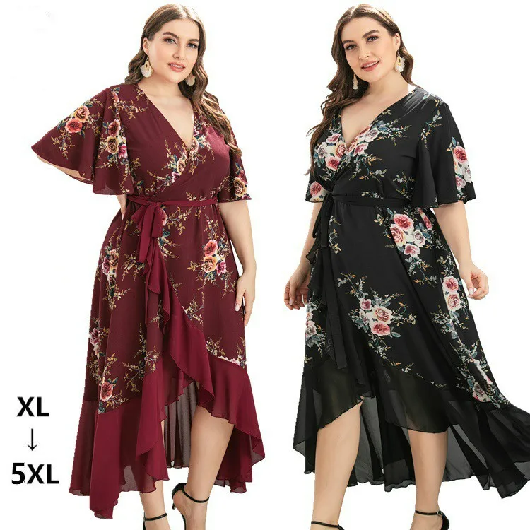 

Summer New Large Size Women's V-Neck Ruffled Irregular Printed Dress Vacation Lacing High Waist Long Dress