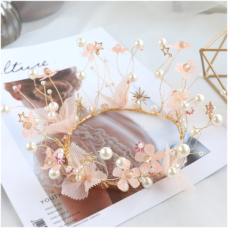 NiuShuya Bridal Headdress Korean Handmade Pink LaceFlower Round Crown Wedding Dress Hair Accessories Princess Tiaras | Украшения и