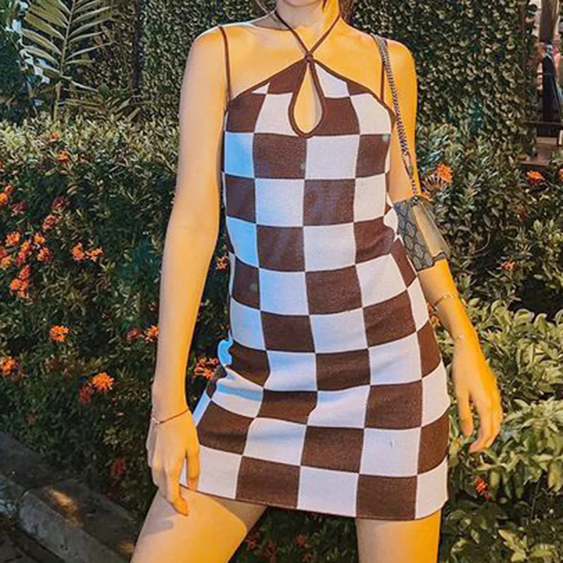 

Female retro sexy back hanging neck plaid tie color wool knitted buttock dress