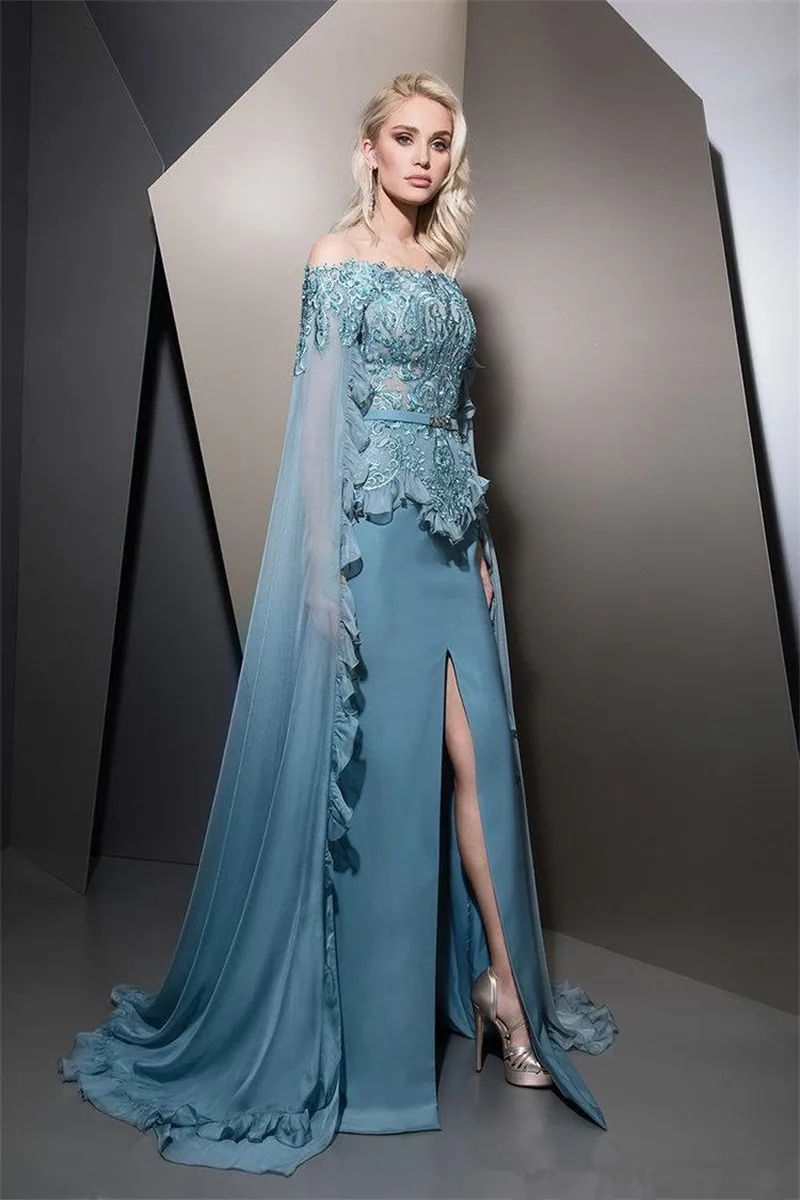 

Elegant Evening Dresses With Cape Beaded Off The Shoulder Prom Gowns Vestidos De Fiesta Sweep Train Satin Appliqued Party Dress