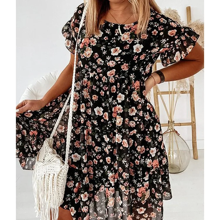 

2021 spring and summer round neck flower print short-sleeved loose dress