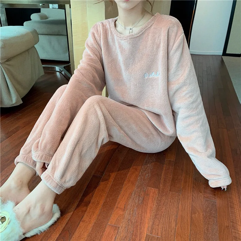 

Pajamas Set For women Winter Thick Warm Flannel Casual Long-Sleeved Home Wear Sleepwear Two Piece/Suit Female