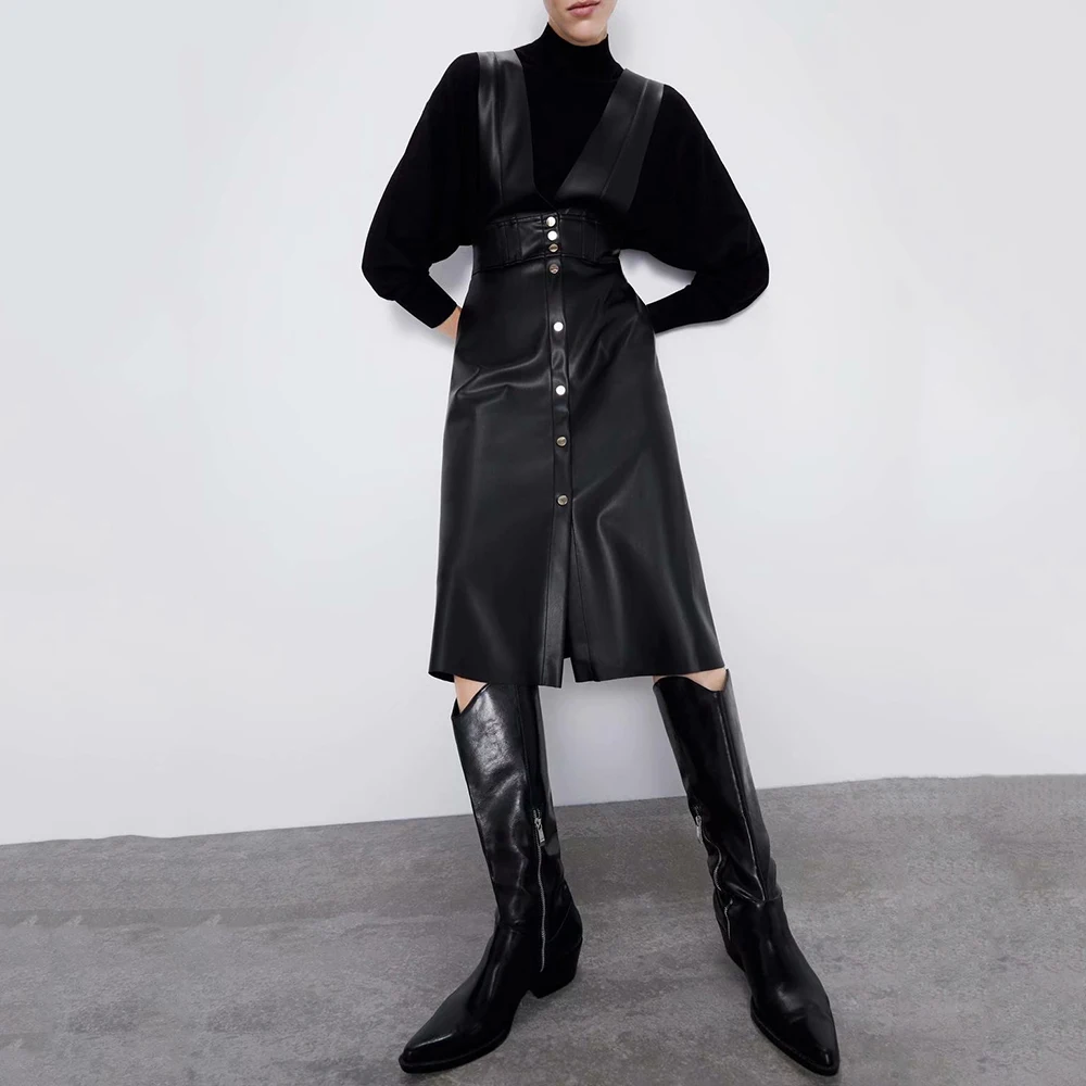 Женское платье на бретельках ZA черное кожаное без рукавов с v образным вырезом