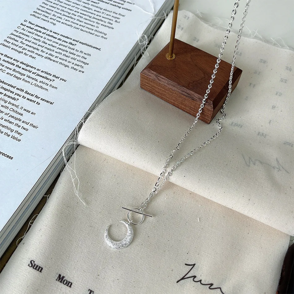 

s925 Sterling Silver Frosted Moon Simplicity Pendants Necklace Collar Plata Para Mujer Valentines Day Gift Bijoux Femme Joyas