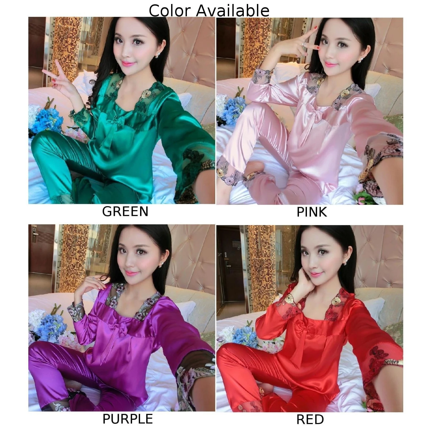 

2 Piece Women Sleepwear Faux Silk Satin Pajamas Set Autumn Summer Long Sleeve Sleepwear Pajamas Suit Female Homewear