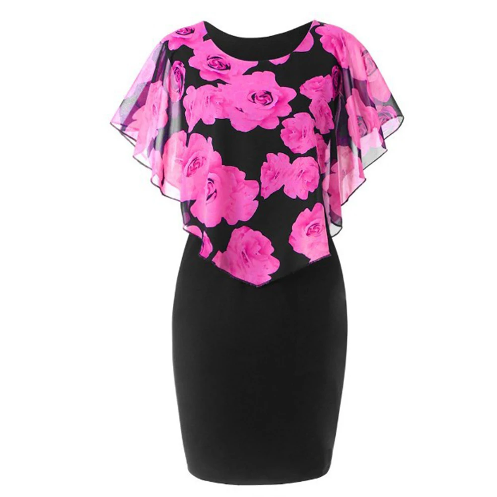 Plus Size M-5XL Elegant Office Lady Rose Flower Print Cape Bodycon Knee Length Dress Vestidos Summer Dresses Causal Clothing | Женская