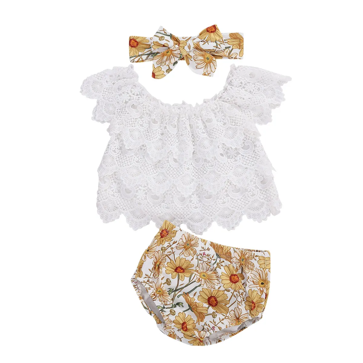 Новинка Комплект из 3 предметов Одежда для маленьких девочек Кружевной топ с