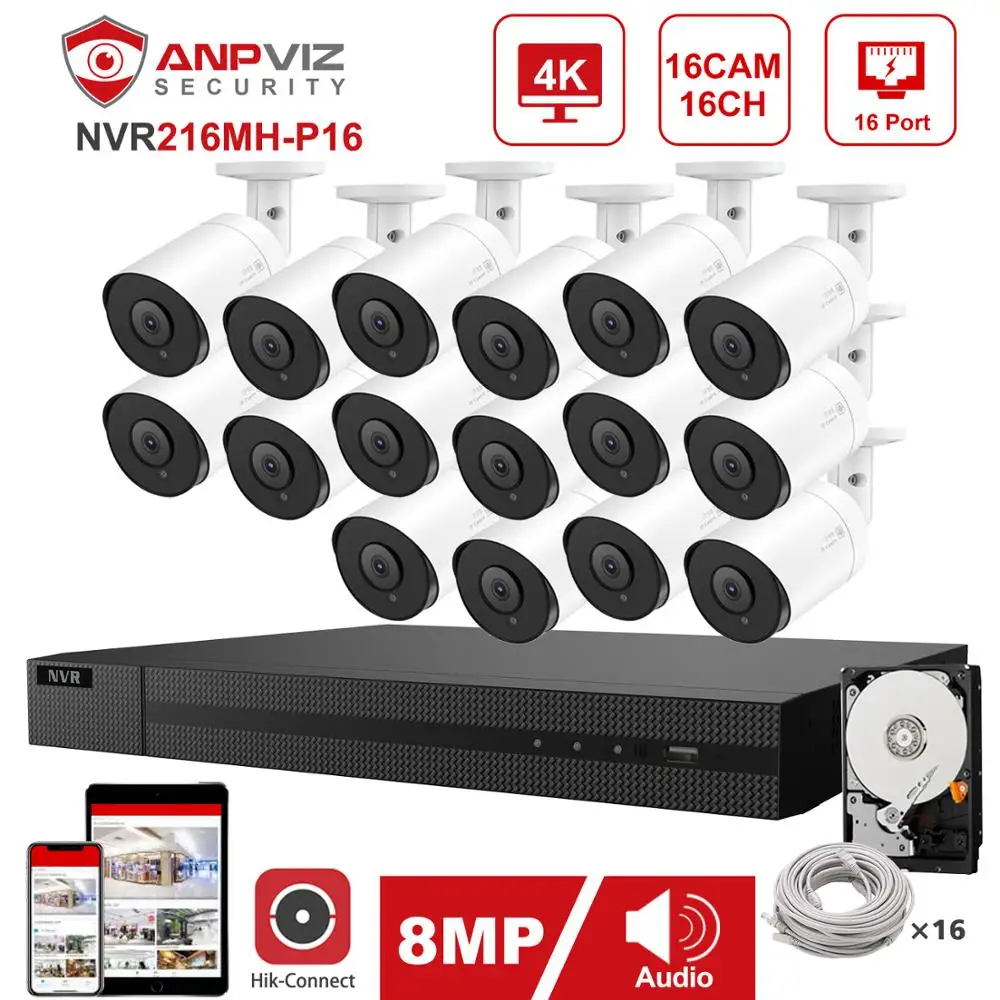 Hikvision OEM 16CH 4K NVR Anpviz 16pcs 8MP POE IP Camera System Indoor/Outdoor Security Kit IP66 30m P2P | Безопасность и защита