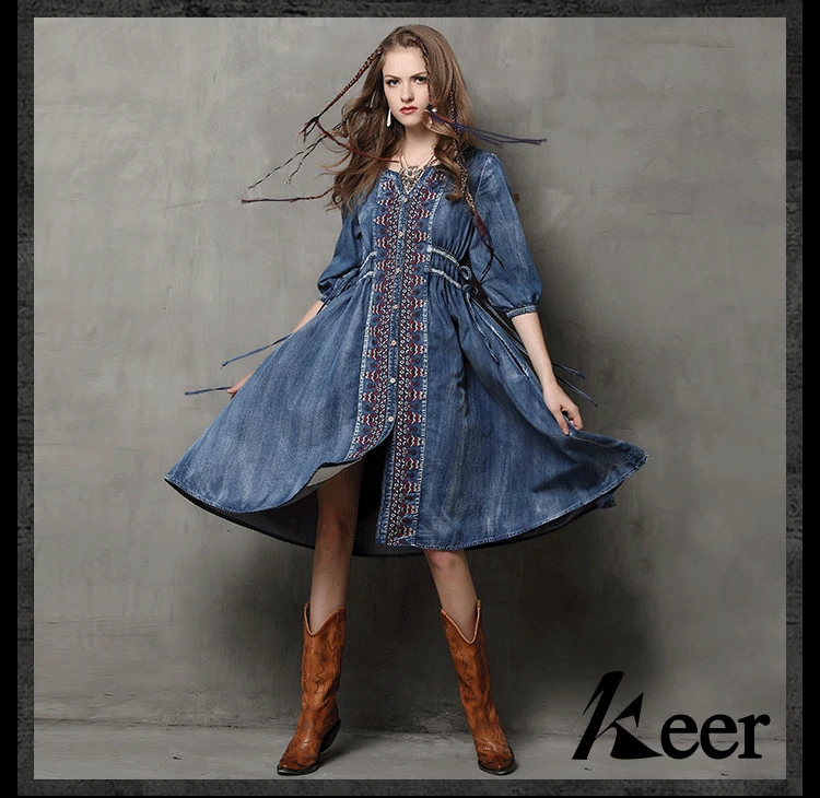 

JCHB 2021 new women's spring big summer yards sleeve dress folk embroidery draw string
