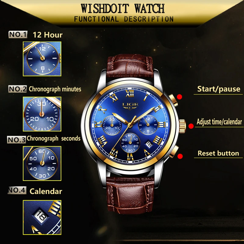 Часы наручные LIGE мужские спортивные брендовые Роскошные модные повседневные