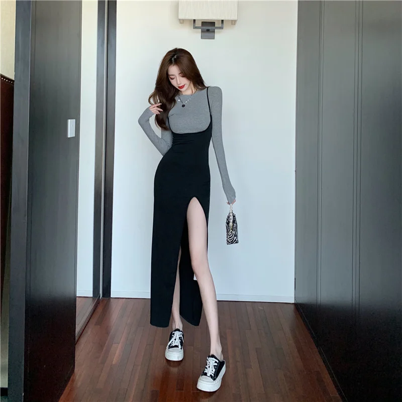 

Early Autumn 2021 New Scheming Slim-fit Knitted Top + Cross Backless Split Long Suspender Skirt Two-piece Suit Rac