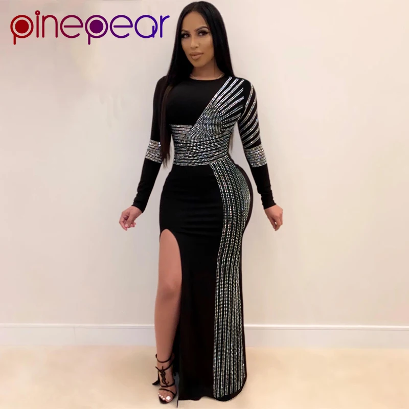 Женское длинное вечернее платье элегантное черное с блестками и круглым