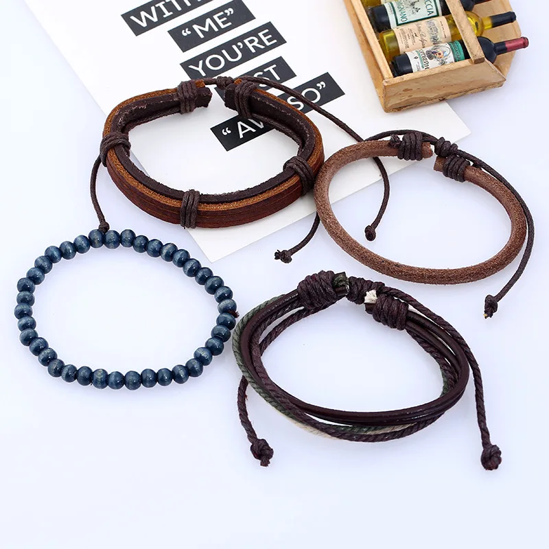 Genuine Leather Bracelet For Men Rope Bangle Blue Beads Charm Wrap Bracelets 4pcs/lot 2019 Homme Friendship Jewelry | Украшения и