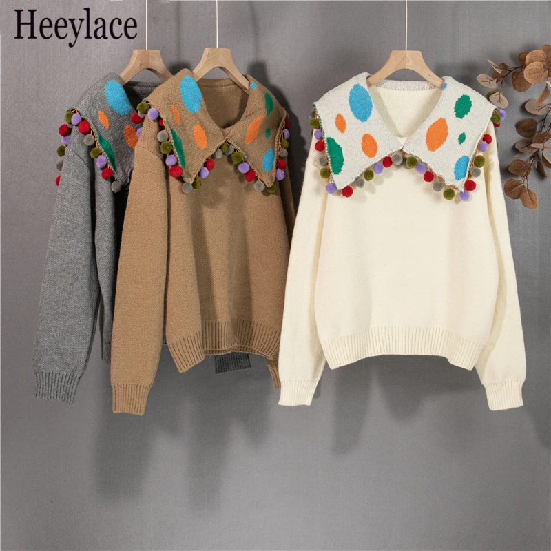 

New 2021 Women Autumn Winter Sweaters Knitted Oversized Sailor Collar Polka Dot Retro Fashionable Lady Tops