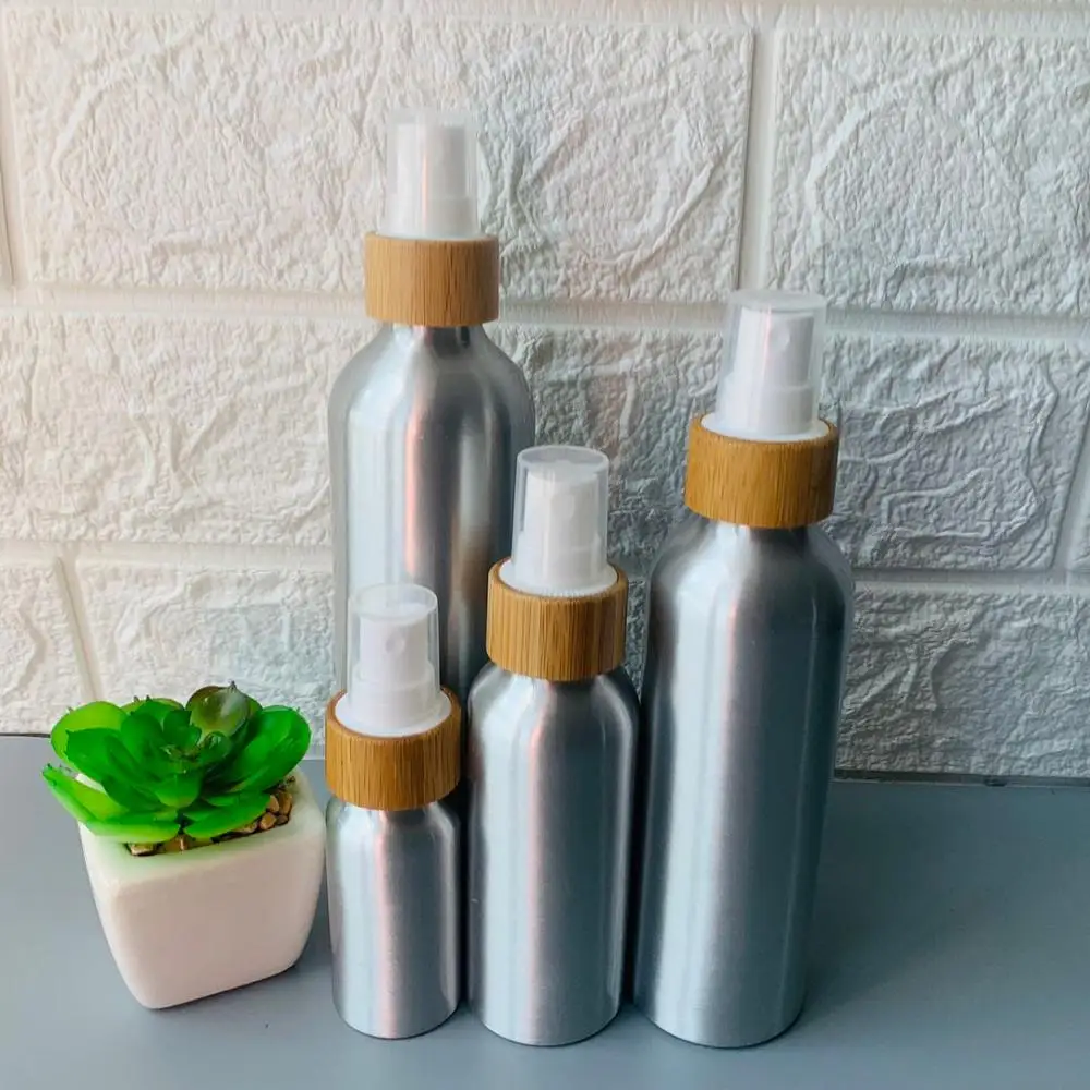 

spray bottle 30ml 50ml 100ml 120ml bamboo container Aluminium Spray Bottle Bamboo Lid cosmetic packaging bottle for oil