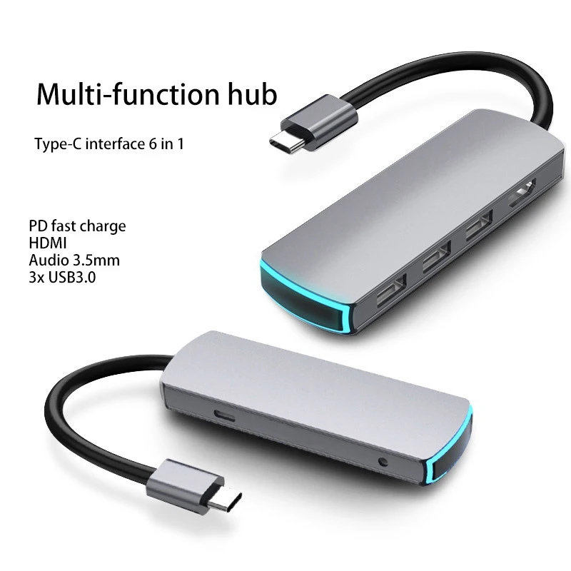 

6 in 1 Type-C Docking Station HDMI-Compatible Gigabit Ethernet PD Cable USB to HUB Converter for Macbookpro Accessories
