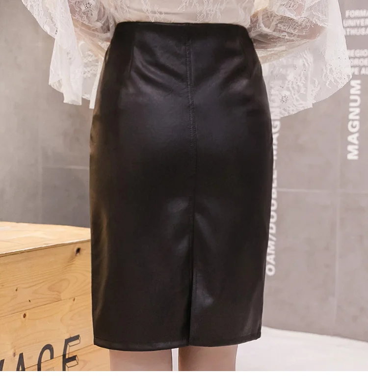 

Autumn Women's Elegant Faux Leather Mini Skirt Female High Waist Back Splits Flocking Black PU Pencil Skirts Faldas