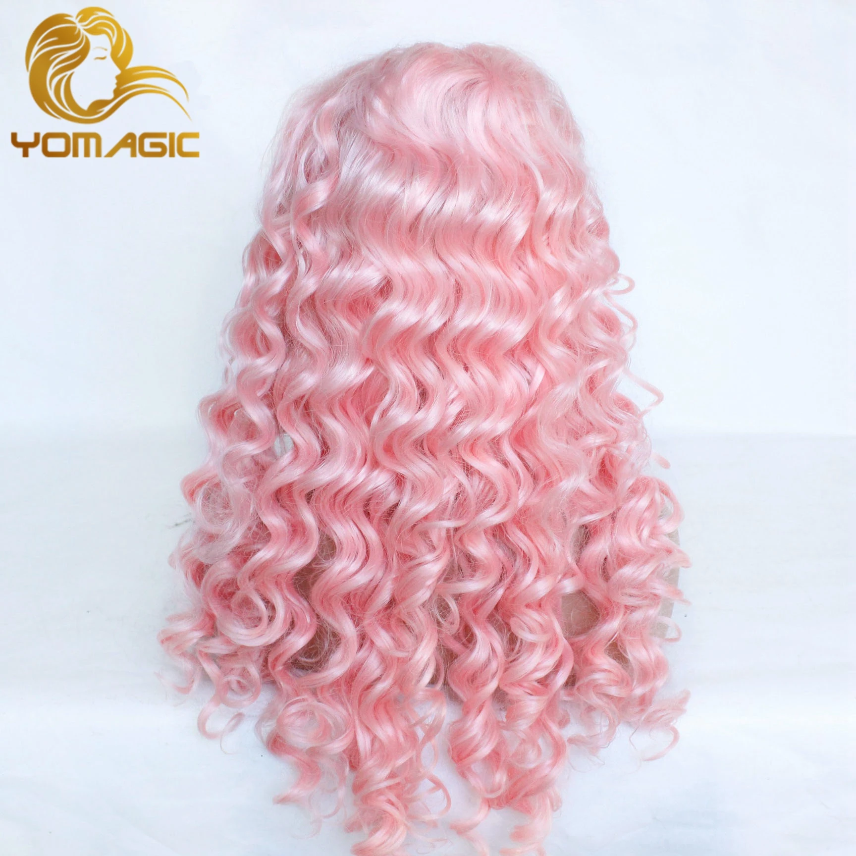 

Yomagic Light Pink Synthetic Hair Lace Front Wigs for Women Party Heat Resistant Fiber Long Deep Curly Glueless Lace Wigs